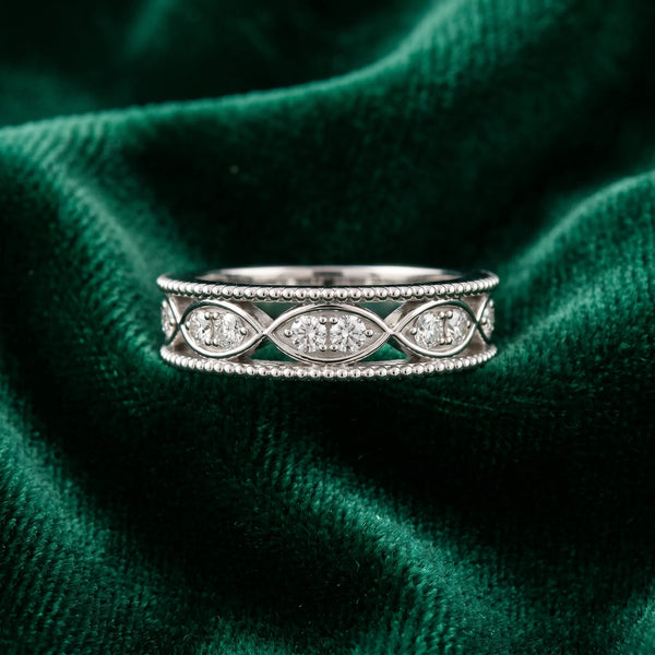 White gold Round Diamond Marquise Milgrain Two-Tone Prong Set Band