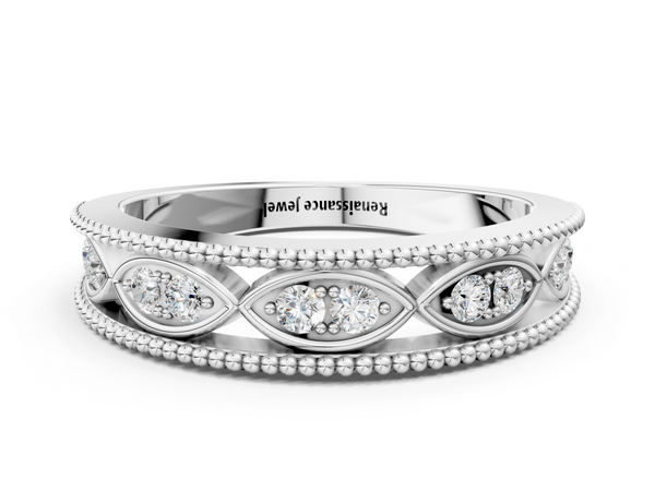 Platinum Round Diamond Marquise Milgrain Two-Tone Prong Set Band
