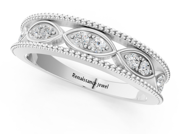 Platinum Round Diamond Marquise Milgrain Two-Tone Prong Set Band