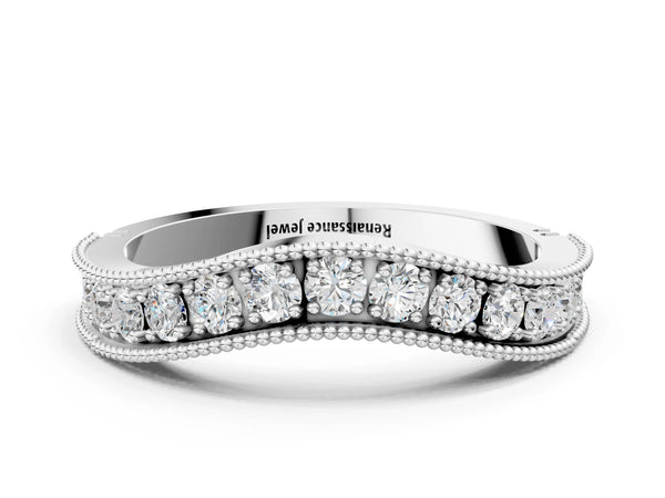 White gold Round Diamond Milgrain Contour Wedding Band with Pavé Setting