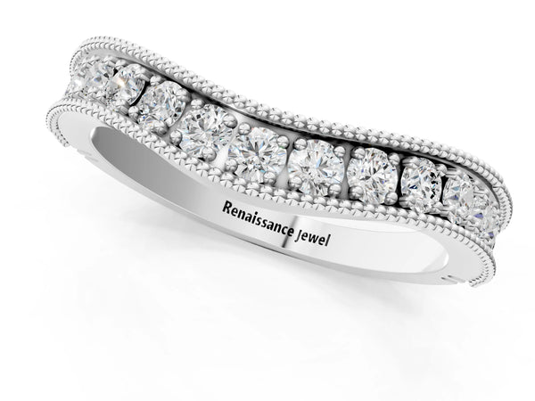 White gold Round Diamond Milgrain Contour Wedding Band with Pavé Setting