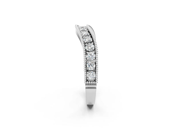 Platinum Round Diamond Milgrain Contour Wedding Band with Pavé Setting