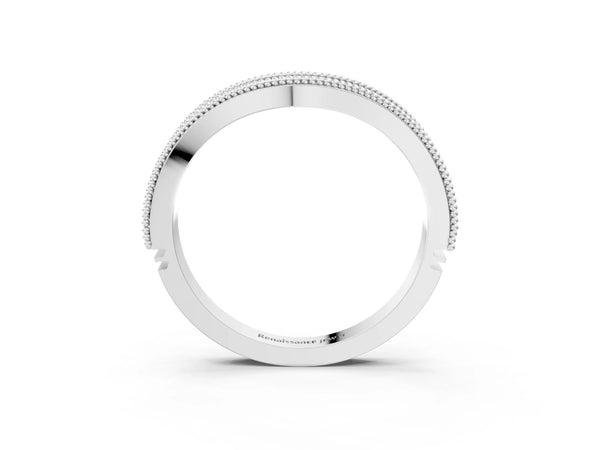White gold Round Diamond Milgrain Contour Wedding Band with Pavé Setting