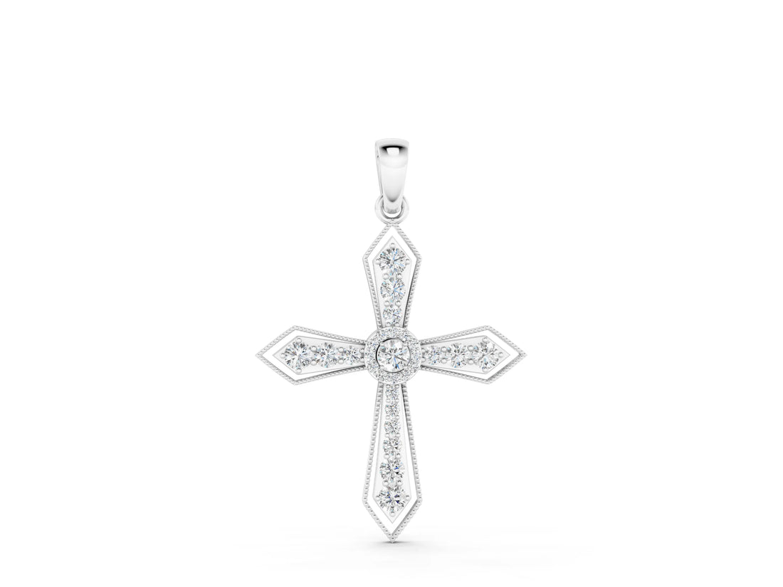 White gold Round Diamond Milgrain Cross Pendant with Bezel Setting_28