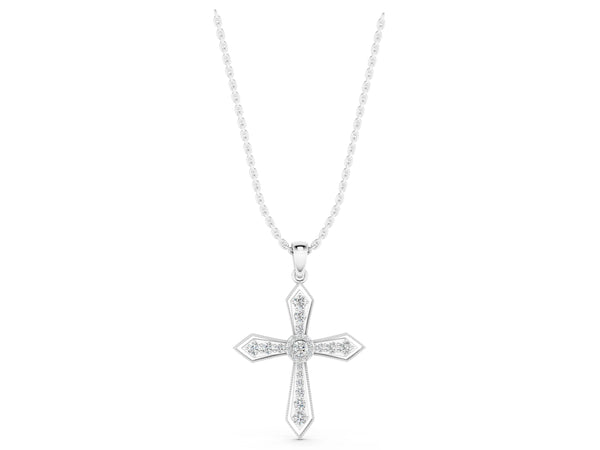 White gold Round Diamond Milgrain Cross Pendant with Bezel Setting