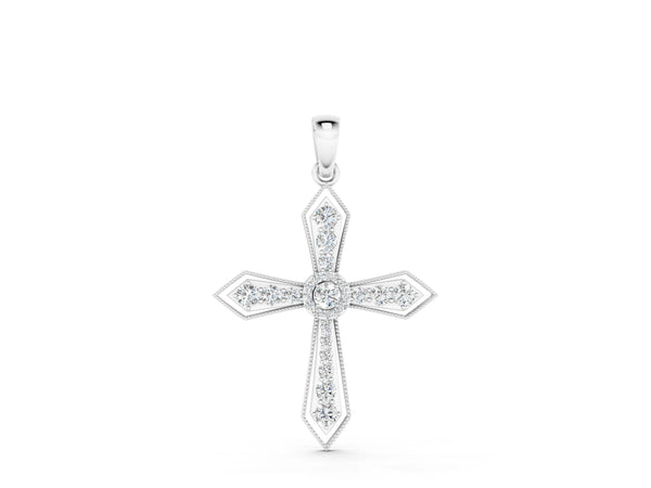 Silver Round Diamond Milgrain Cross Pendant with Bezel Setting