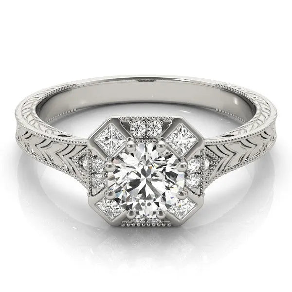White gold Round Diamond Milgrain Halo Engagement Ring with Chevron Band and Prong Setting