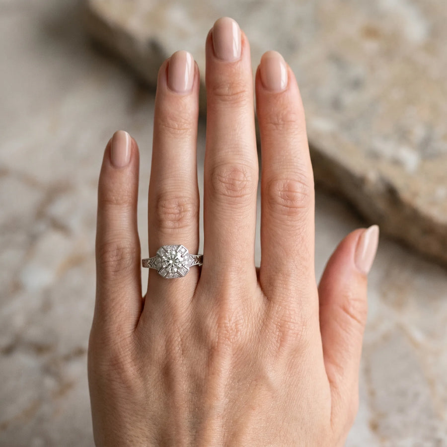 White gold Round Diamond Milgrain Halo Engagement Ring with Chevron Band and Prong Setting