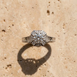 White gold Round Diamond Milgrain Halo Engagement Ring with Chevron Band and Prong Setting_9