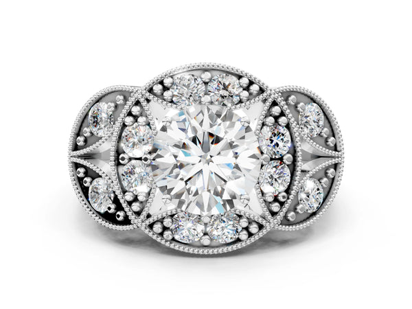 White gold Round Diamond Milgrain Marquise Filigree Engagement Ring with Prong Setting
