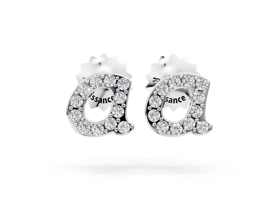 White gold Round Diamond Mini Letter Pavé Stud Earrings