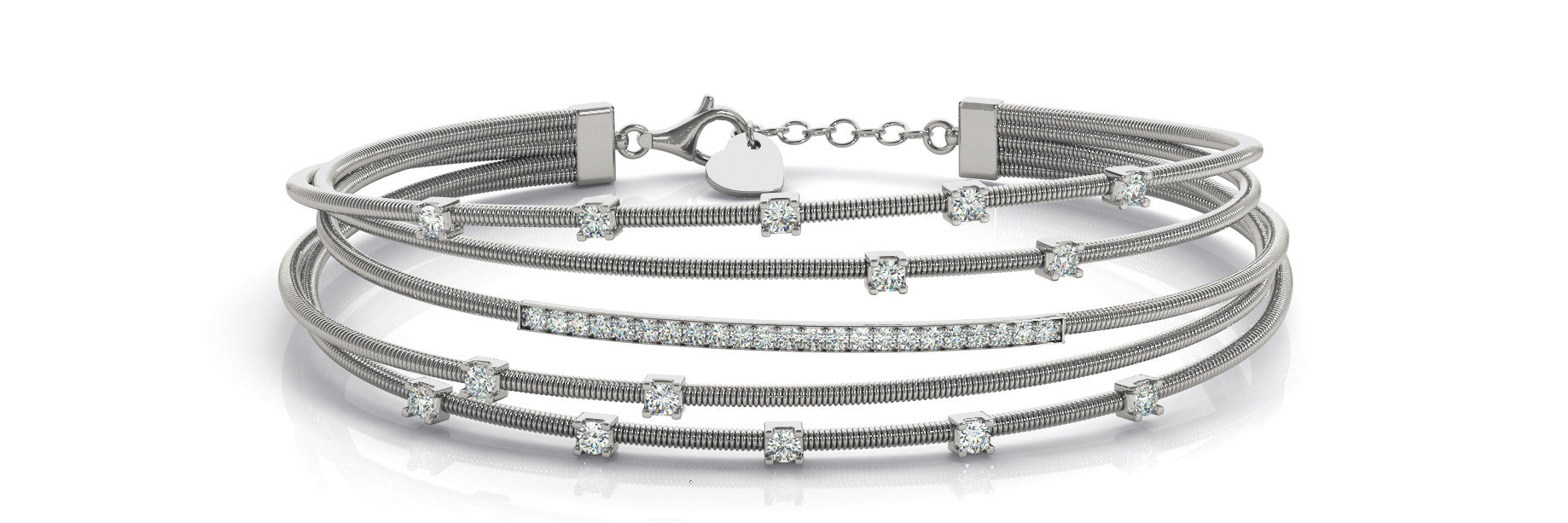 White gold Round Diamond Multi-Strand Coil Bracelet with Bar and Prong Setting
