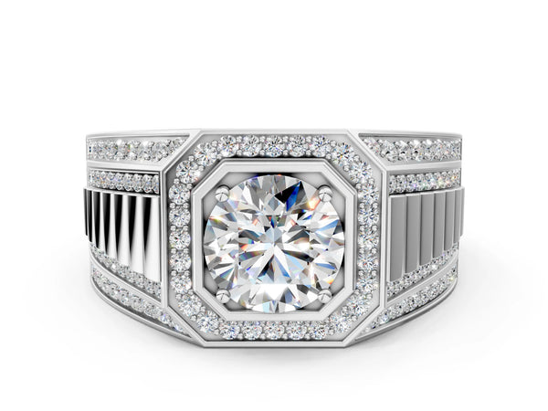 Platinum Round Diamond Octagonal Halo Mens Ring with Pavé Accents