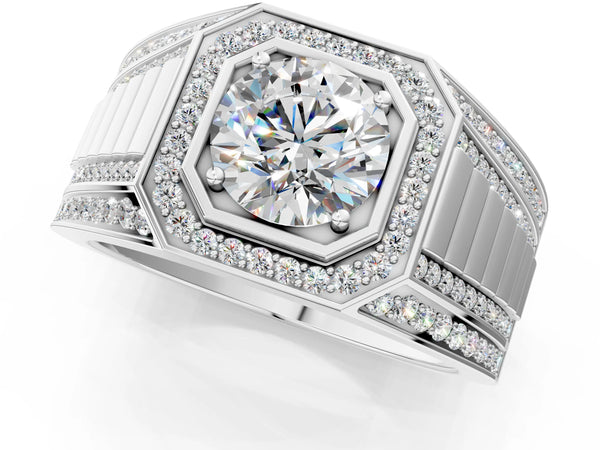 Silver Round Diamond Octagonal Halo Mens Ring with Pavé Accents