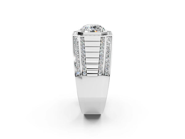 White gold Round Diamond Octagonal Halo Mens Ring with Pavé Accents