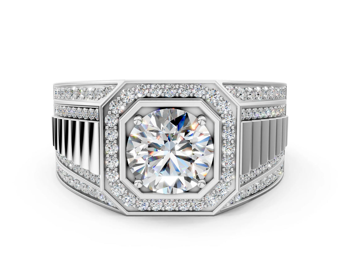 White gold Round Diamond Octagonal Halo Mens Ring with Pavé Accents