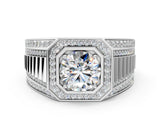 White gold Round Diamond Octagonal Halo Mens Ring with Pavé Accents