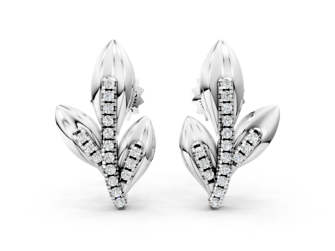 White gold Round Diamond Olive Branch Stud Earrings_8