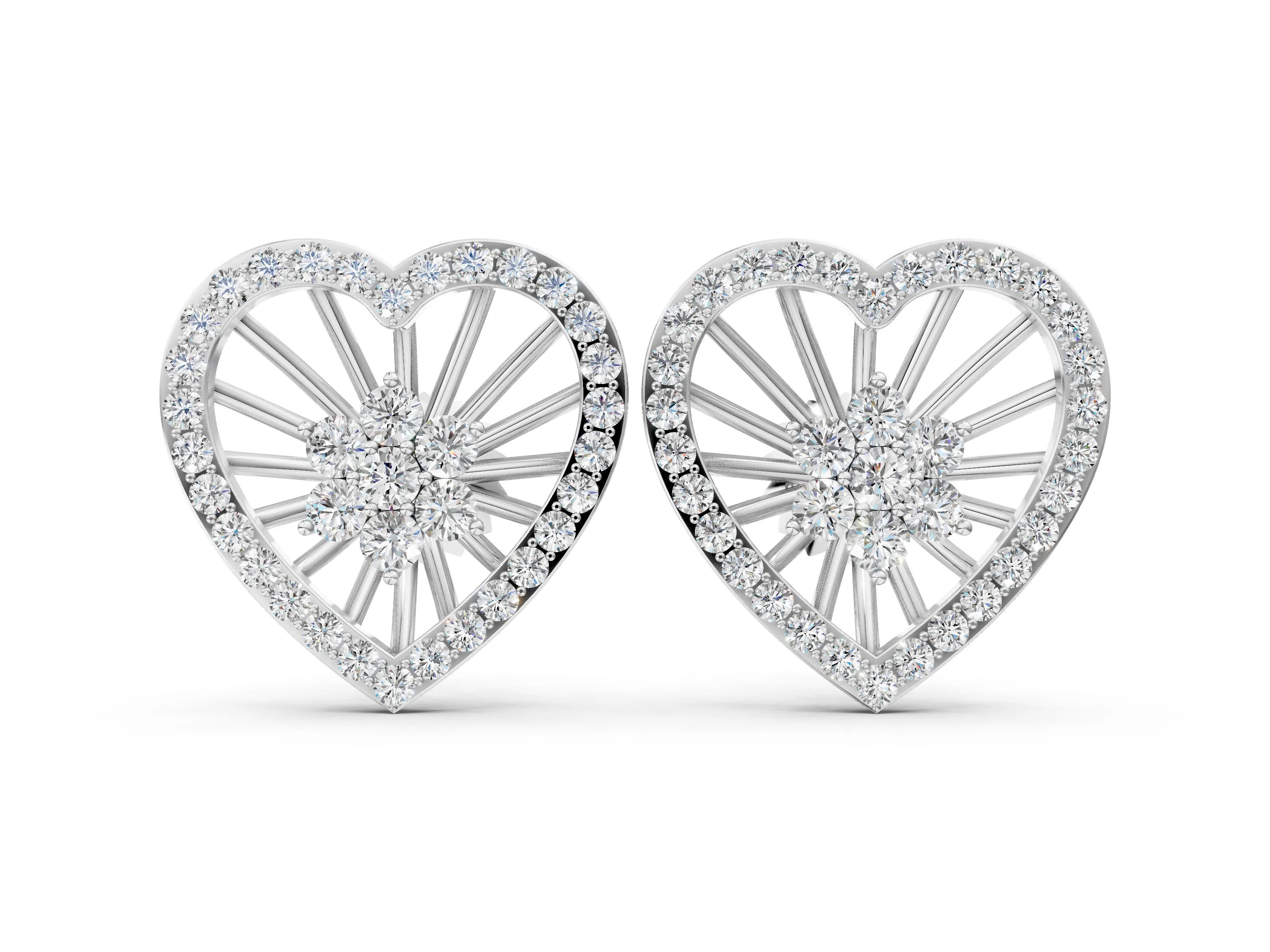 White gold Round Diamond Open Heart Cluster Stud Earrings