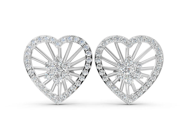 Silver Round Diamond Open Heart Cluster Stud Earrings