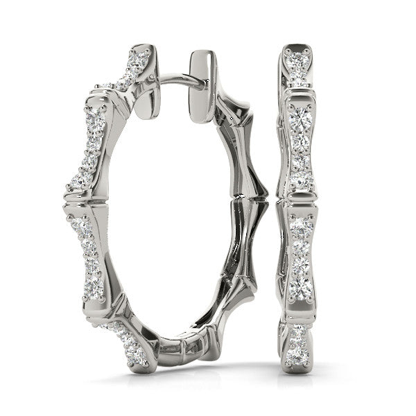 White gold Round Diamond Pavé Bamboo Hoop Earrings with Four-Prong Setting