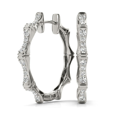 White gold Round Diamond Pavé Bamboo Hoop Earrings with Four-Prong Setting