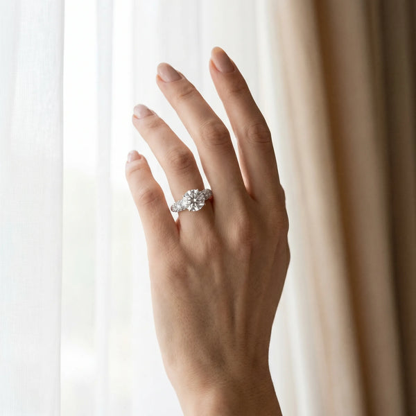 White gold Round Diamond Pavé Band Solitaire Ring with Four-Prong Setting