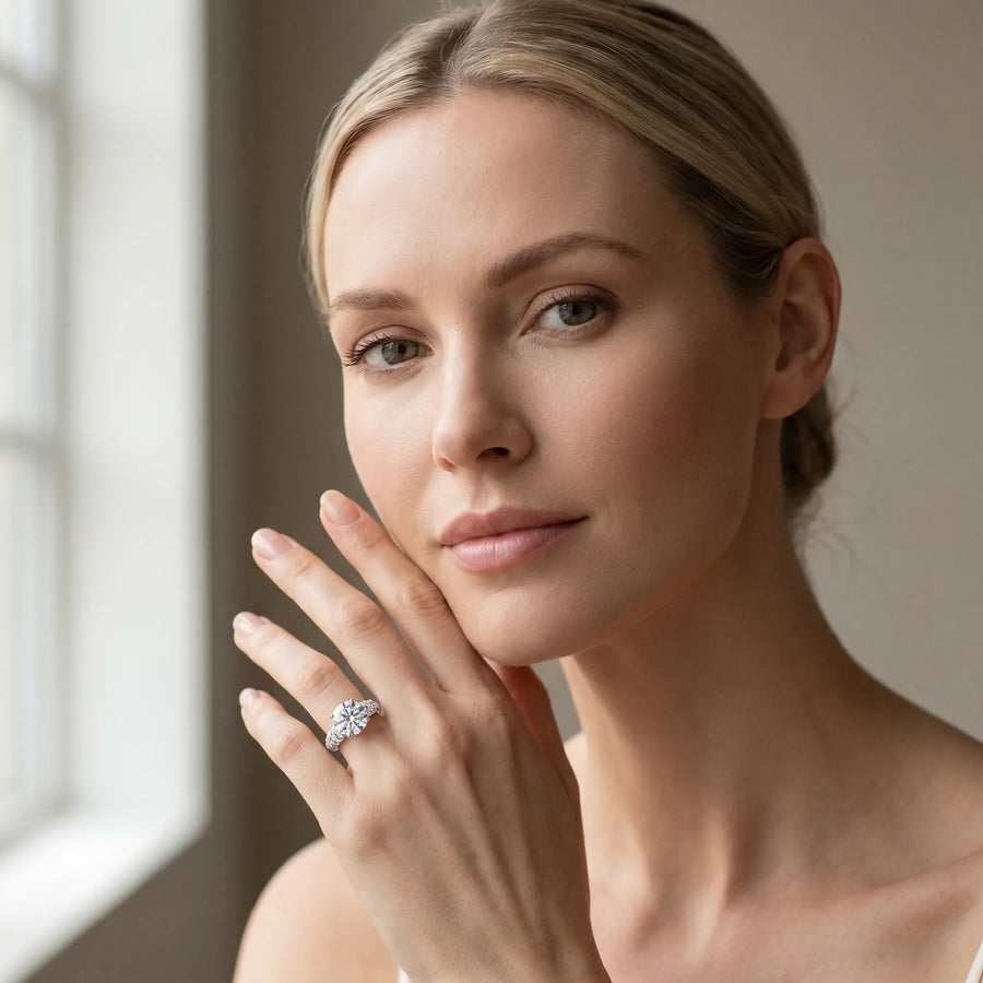 White gold Round Diamond Pavé Band Solitaire Ring with Four-Prong Setting