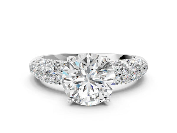 White gold Round Diamond Pavé Band Solitaire Ring with Four-Prong Setting