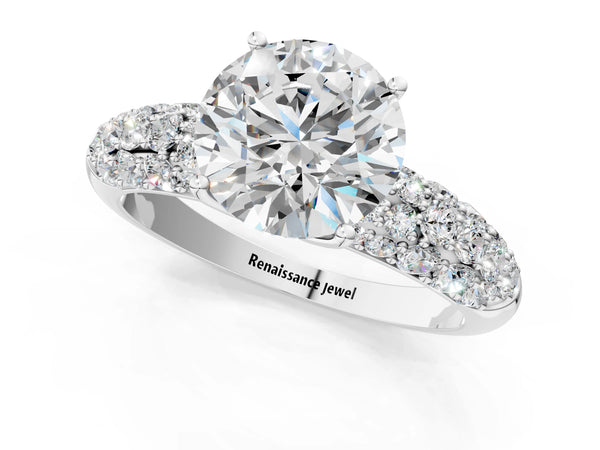 White gold Round Diamond Pavé Band Solitaire Ring with Four-Prong Setting