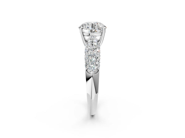 White gold Round Diamond Pavé Band Solitaire Ring with Four-Prong Setting