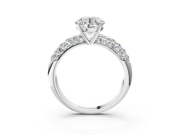 White gold Round Diamond Pavé Band Solitaire Ring with Four-Prong Setting