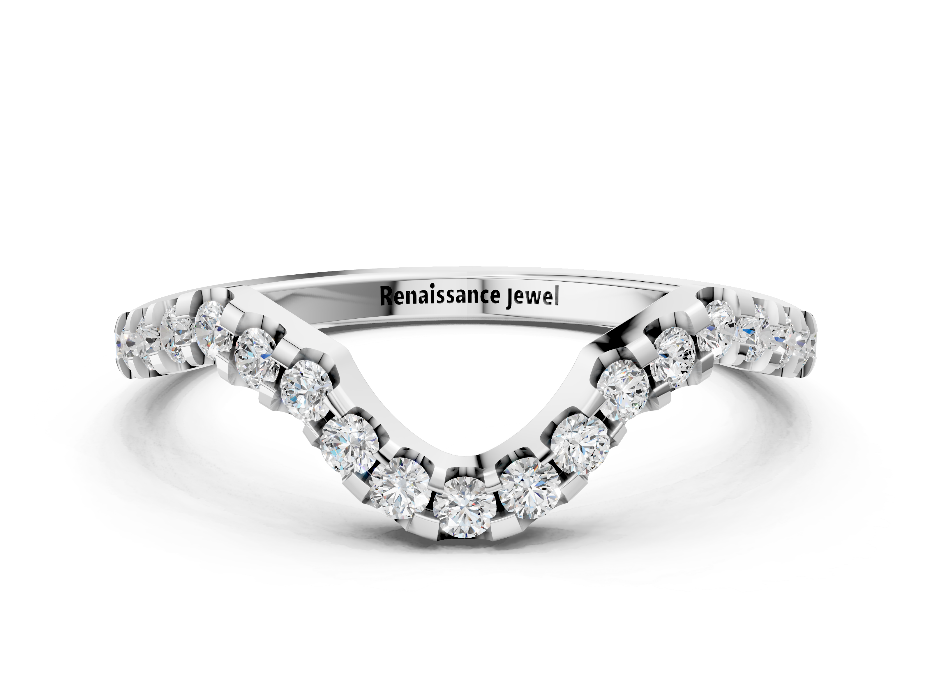 White gold Round Diamond Pavé Chevron Wedding Band with Prong Setting