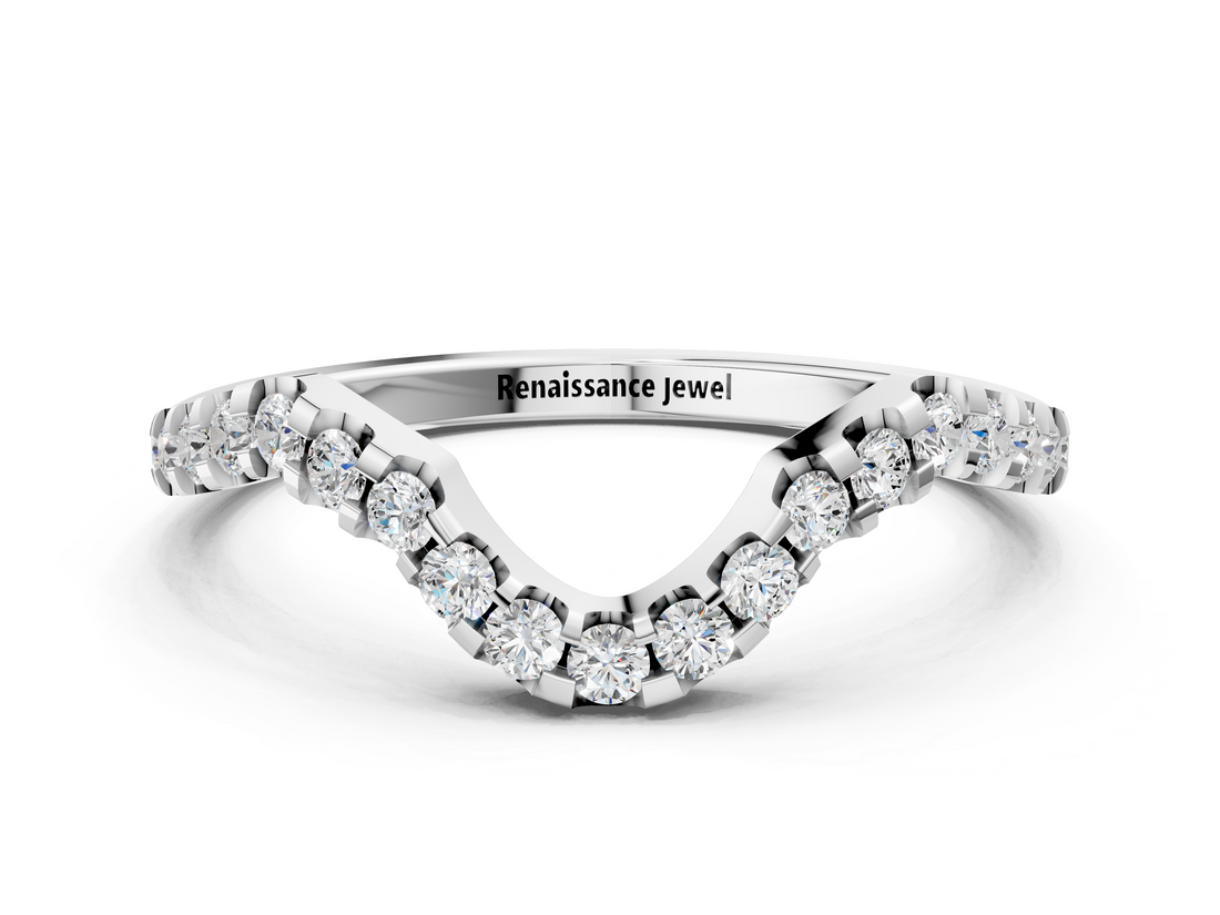 White gold Round Diamond Pavé Chevron Wedding Band with Prong Setting_12