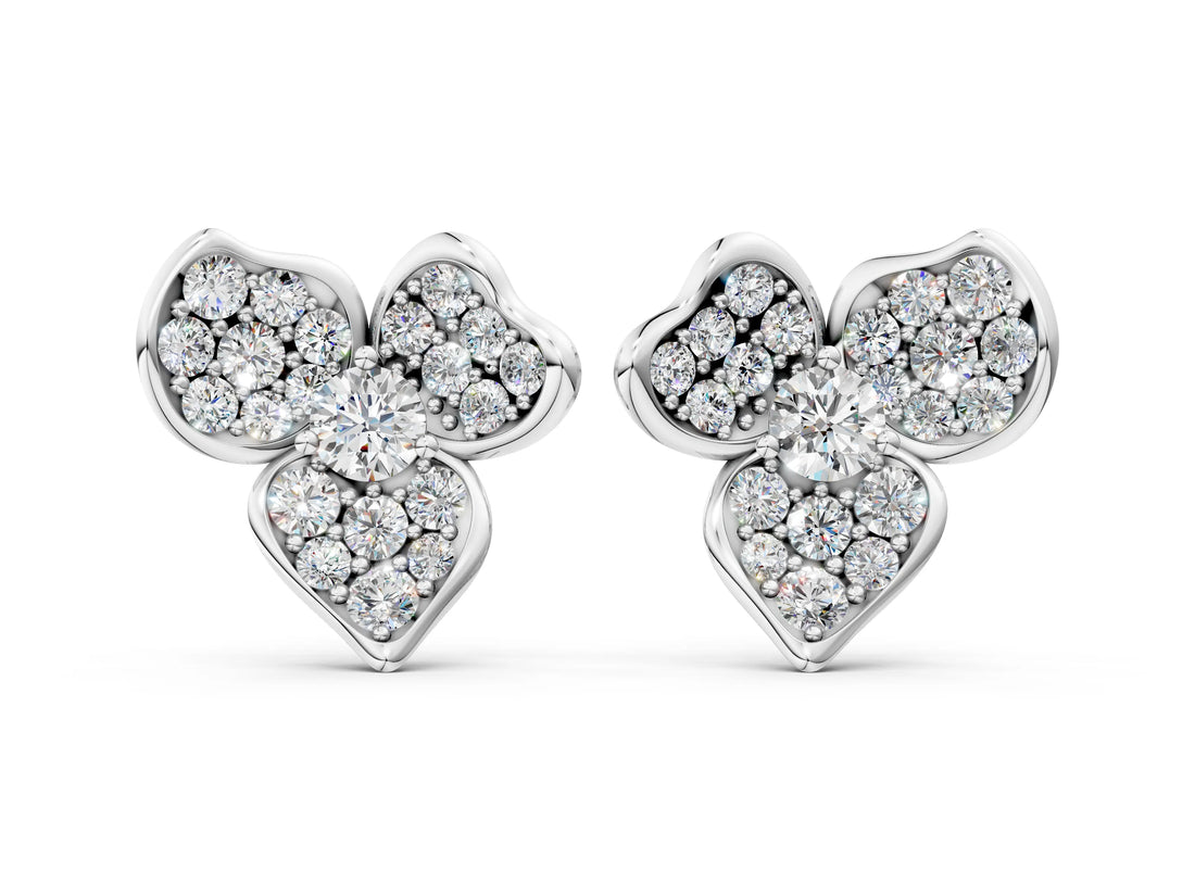 White gold Round Diamond Pavé Flower Stud Earrings