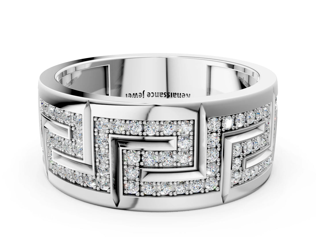 Silver Round Diamond Pavé Greek Key Mens Band