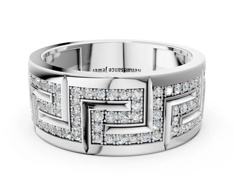 Silver Round Diamond Pavé Greek Key Mens Band