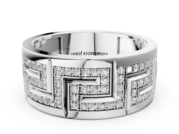 Silver Round Diamond Pavé Greek Key Mens Band