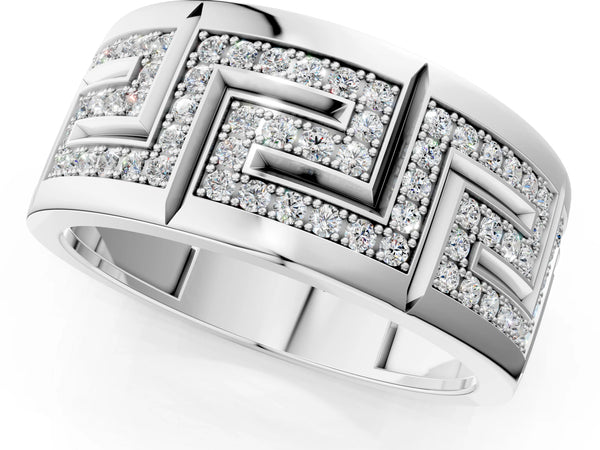 Silver Round Diamond Pavé Greek Key Mens Band