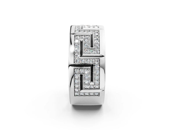 White gold Round Diamond Pavé Greek Key Mens Band