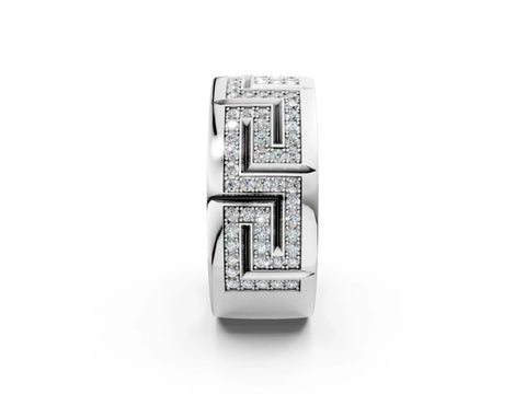 Silver Round Diamond Pavé Greek Key Mens Band