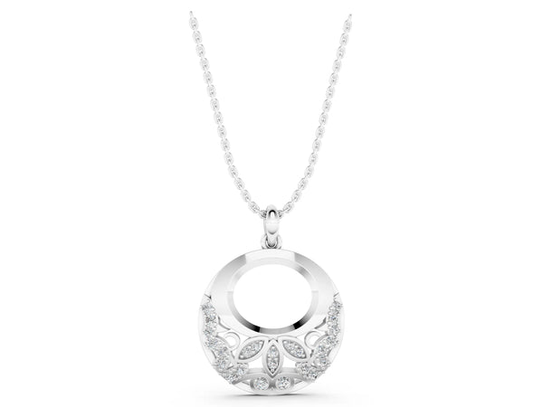Silver Round Diamond Pavé Leaf Filigree Pendant