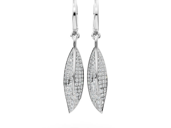 Platinum Round Diamond Pavé Leaf Huggie Drop Earrings