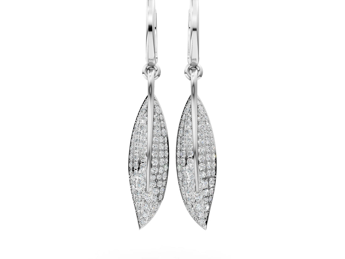 White gold Round Diamond Pavé Leaf Huggie Drop Earrings_4