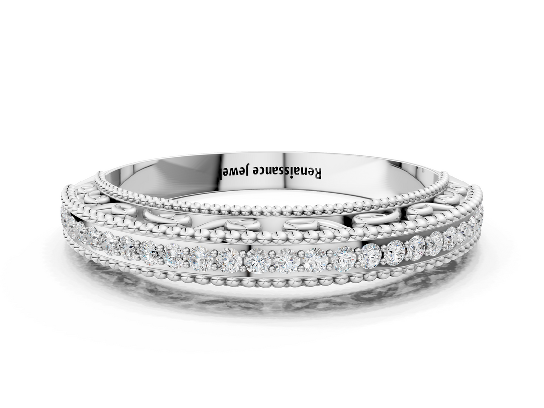 White gold Round Diamond Pavé Milgrain White Gold Eternity Band_12