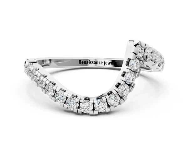 Silver Round Diamond Pavé V-Shaped Contour Band with Shared Prong Setting