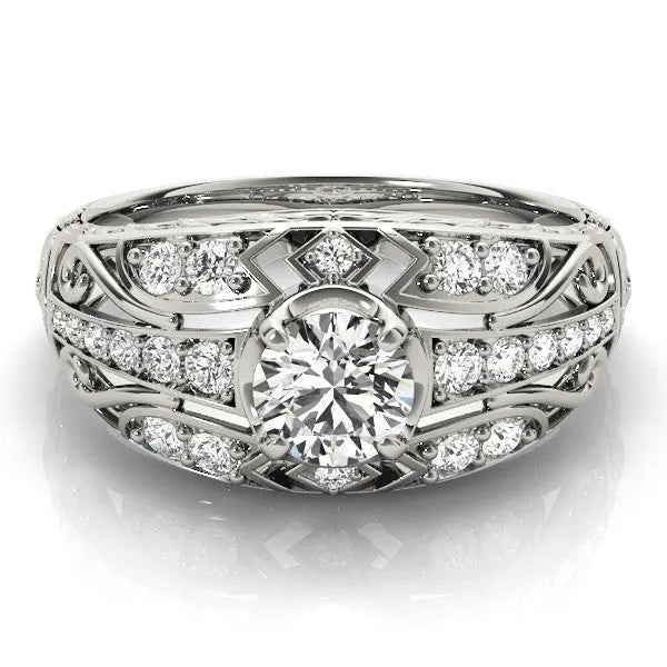 White gold Round Diamond Pave Art Deco Split Shank Ring with Four-Prong Setting