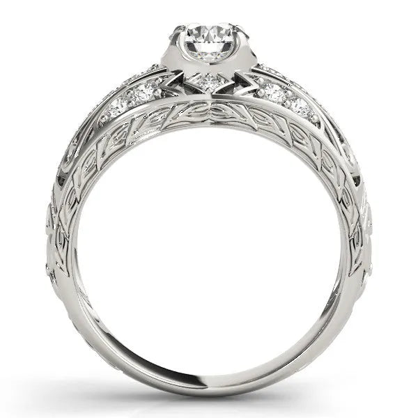 White gold Round Diamond Pave Art Deco Split Shank Ring with Four-Prong Setting