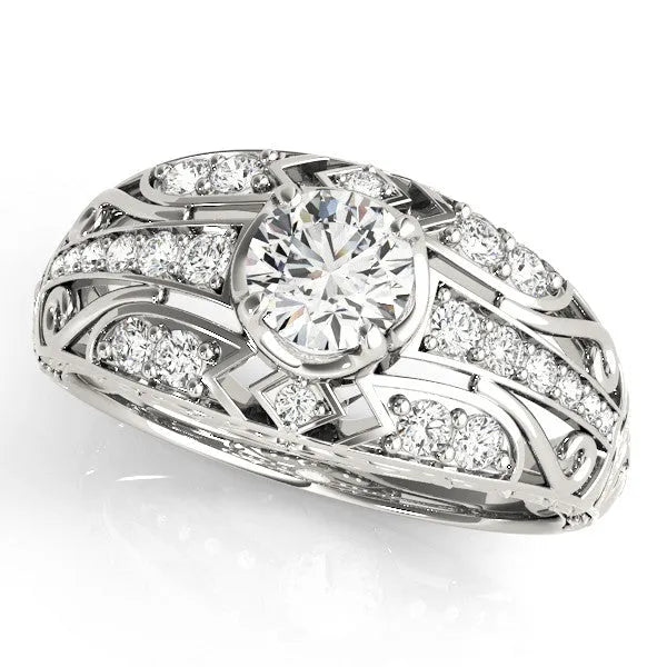 White gold Round Diamond Pave Art Deco Split Shank Ring with Four-Prong Setting