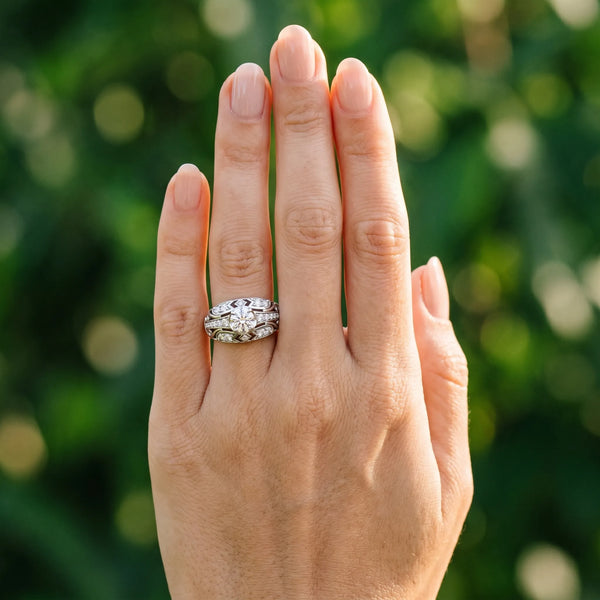 White gold Round Diamond Pave Art Deco Split Shank Ring with Four-Prong Setting
